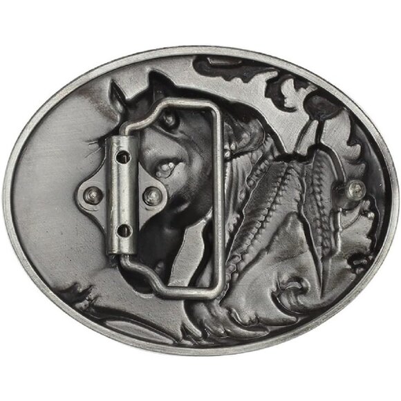 Men's Silver Norse Viking Horse Engraved Feather Leaf Head Oval Belt Buckle - Picture 4 of 4